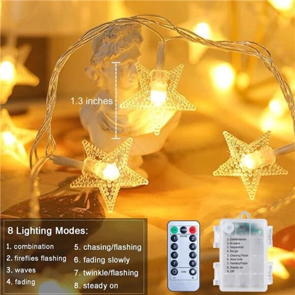 Battery operated star string lights 50 LED fairy lights warm white remote timer - Picture 3 of 7